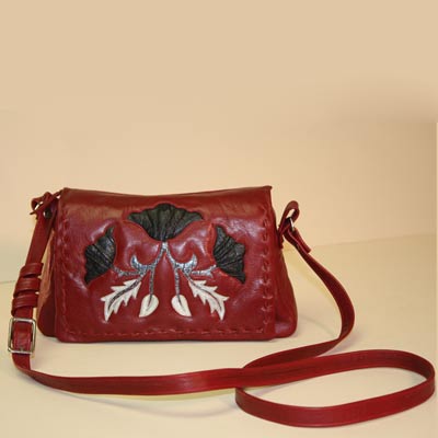 Handmade Red Leather Purse with Black Flowers