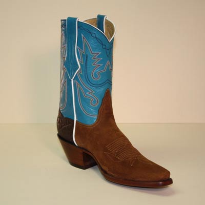 Tan Pig Suede Rough Out Custom Cowboy Boot with Brown Elephant Counter and Turquoise Hand Stitched Shaft