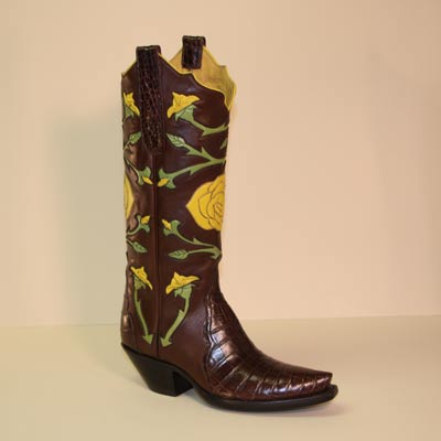 Chocolate alligator custom cowboy boot with handmade yellow roses