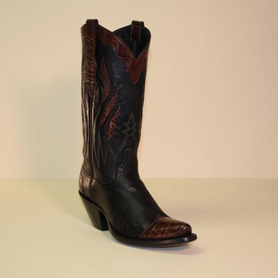 Black Deerskin Cowboy Boot w Brown Alligator Tips