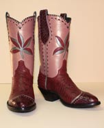 Fancy Cowboy Boot Burgundy Pin Ostrich Burgundy Alligator Pearlized Pink Calf Buckstitching and leaf inlay