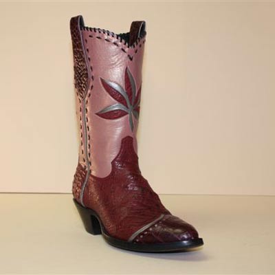Fancy Cowboy Boot of Burgundy Pin Ostrich with burgundy Alligator pearlized Pink Kid buckstitching and leaf design