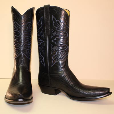 Black Tezu Lizard Cowboy Boot with Black Calf Blue Stitched Top