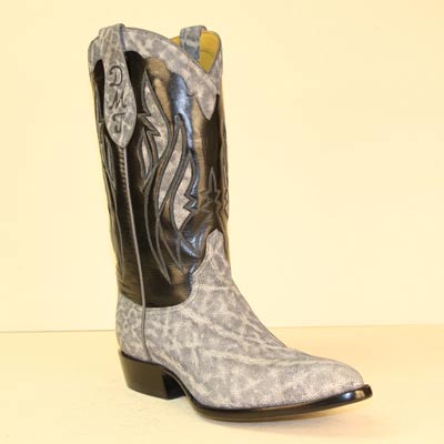 Gray Sueded Elephant Custom Made Cowboy Boot with Elephant Inlays and Black Buffalo Calf Top