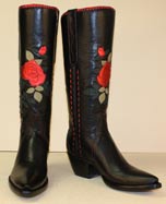tall fashion boot of black glass calf with metallic red rose inlay