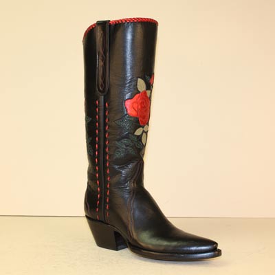 Tall Black Fashion Boot with Metallic Red Rose Inlay