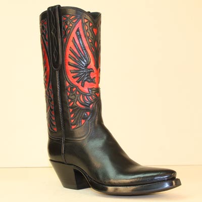 Handmade Black Milano Buffalo Cowboy Boot with Red Metallic Eagle Inlay