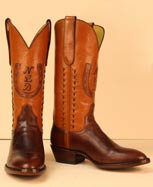 handmade custom cowboy boot of Colorado Sombra Cow and Cognac Milano Buffalo with Horseshoe Inlay, Initials, and Buckstitching