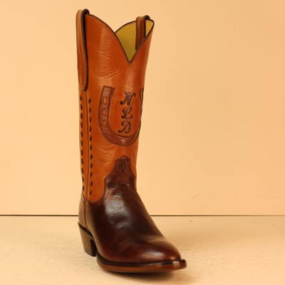 Custom Made Cowboy Boot of Colorado Sombra Cow and Cognac Milano Buffalo with Initials, Horseshoe Inlay, and Buckstitching