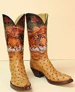 custom hand tooled horse scene cowboy boot with full quill ostrich vamps