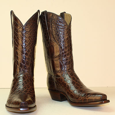 Seamless chocolate alligator belly custom made cowboy boot