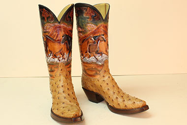 full quill ostrich cowboy boots with handtooled wild horse shafts