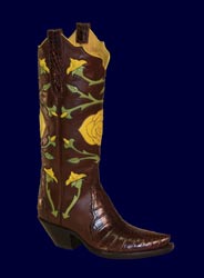 Custom Chocolate Alligator Cowboy Boot inlayed and overlayed with Handcrafted Yellow Roses