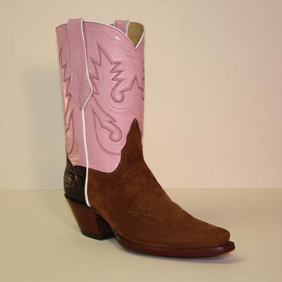 Tan Pig Suede Custom Cowboy boot with Pink Hand Stitched Shaft