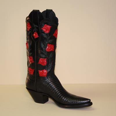 Black Tezu Lizard Custom Cowboy Boot with Handcut Red Rose Inlays