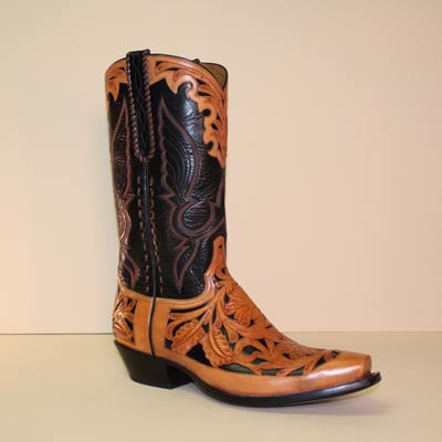 Handmade Cowboy Boot of Black Calf with Filigree vamp and collar
