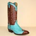 custom cowboy boot of turquoise caiman and cognac shadow goat with caiman collar and ear pulls