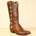 custom made cowboy boot of vintage cognac alligator and distressed calf
