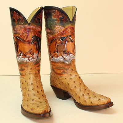 full quill handmade ostrich cowboy boots with custom hand tooled wild horse scene shafts