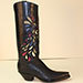 custom made ostrich cowboy boot with inlayed peacock design with crystals on a black buffalo regal cut shaft