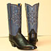 custom made blue kangaroo cowboy boot with burgundy piping and eleven row handstitched medallion