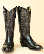 Custom made black buffalo cowboy boots with spat accent on vamp and 6 row stitch pattern