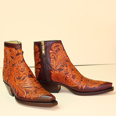 hand tooled cognac botine style boot with inner zipper
