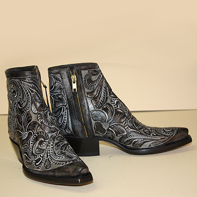 custom handmade botine style cowboy boot black and silver gunmetal filigree with zipper